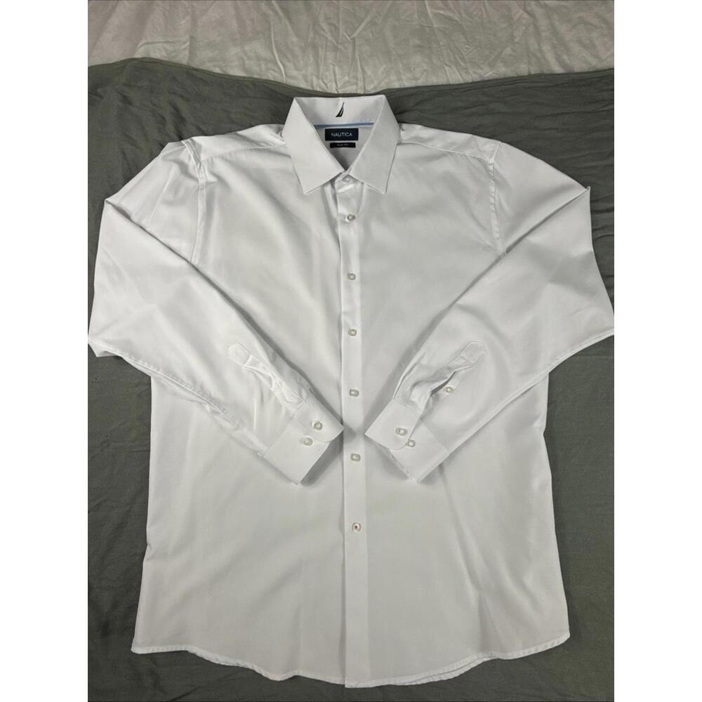 Nautica White Performance Dress Shirt 16-16.5 34/35 Men's Large Slim Fit LS
